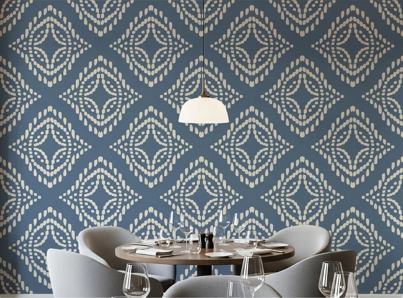 A moody dining room takes on textile depth from this slate blue diamond wallpaper.