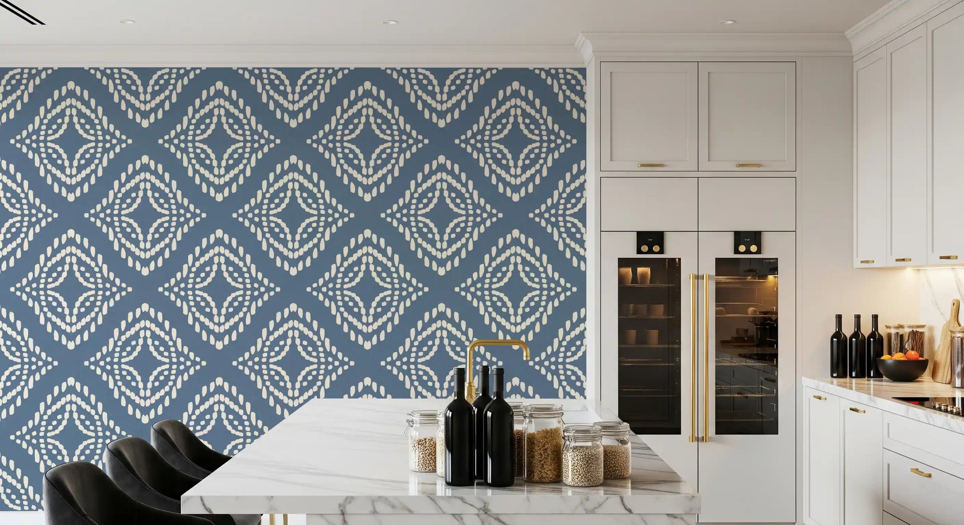 Slate blue background shows the linen-look texture of this canvas wallpaper repeat.