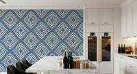 Slate blue background shows the linen-look texture of this canvas wallpaper repeat.