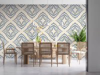 Cream linen-look texture grounds a dining area beside this slate blue diamond wallpaper., GD9678