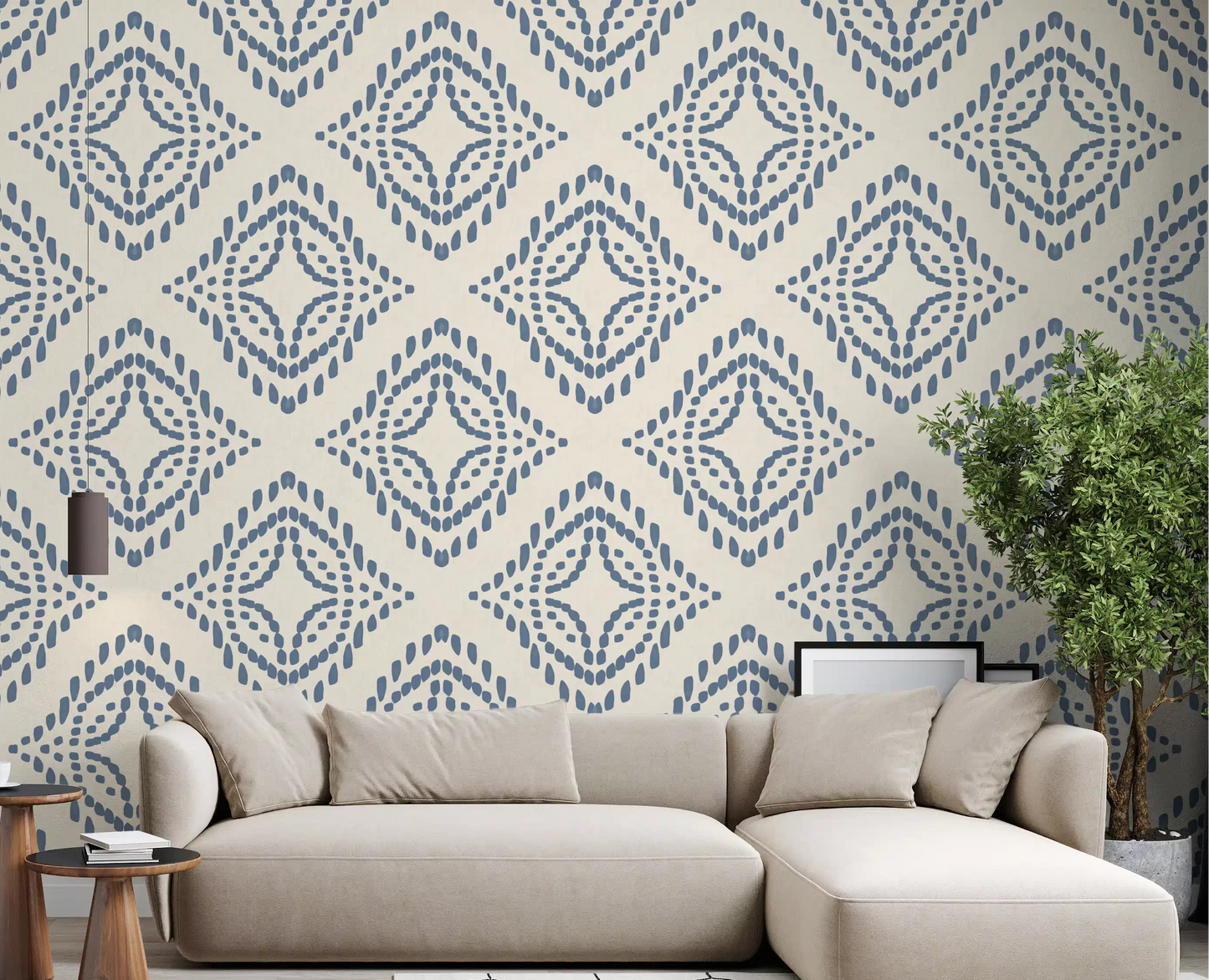 Slate blue diamond marks fill a calm living room across this textile-look boho wallpaper., GD9678