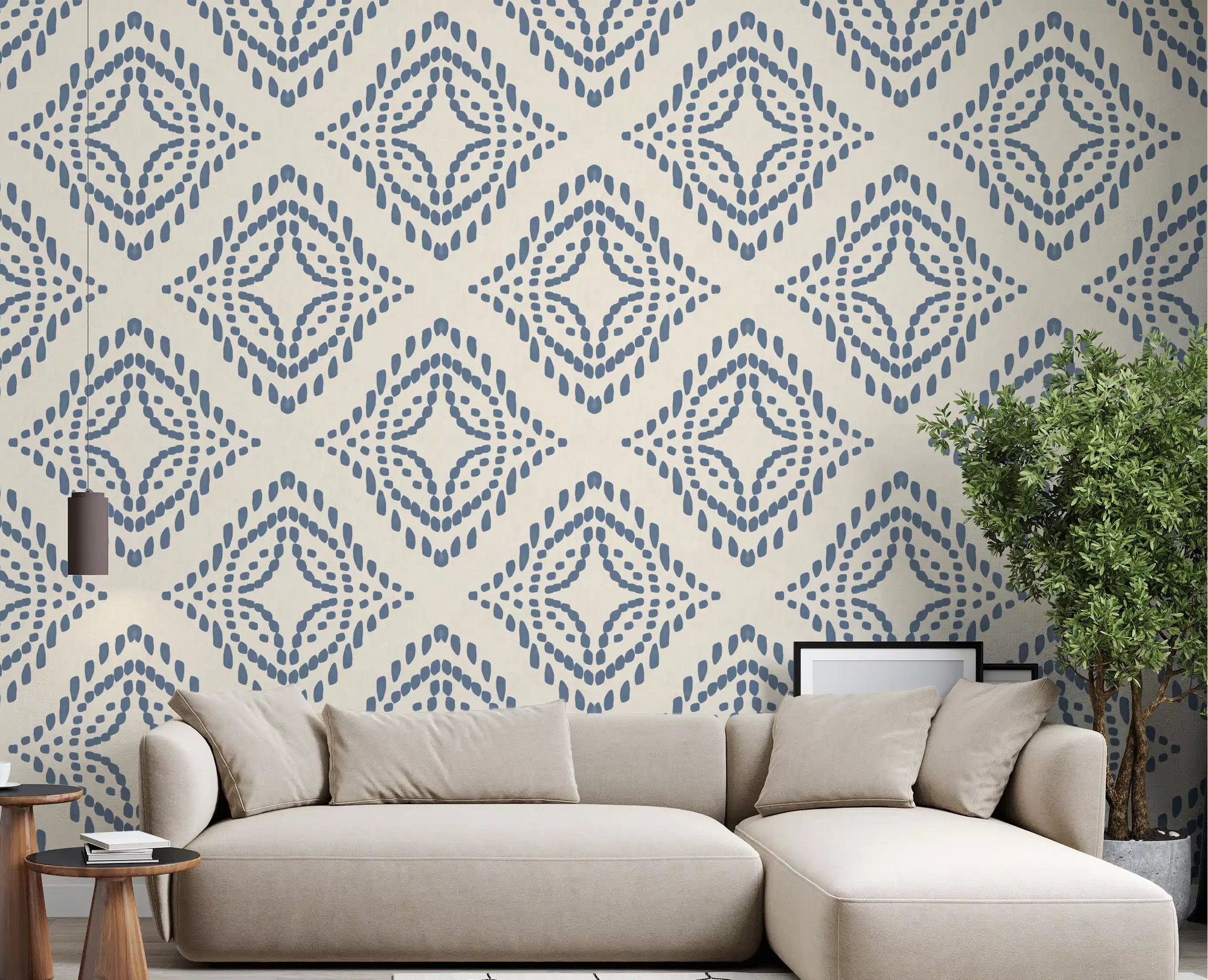 Slate blue diamond marks fill a calm living room across this textile-look boho wallpaper., GD9678
