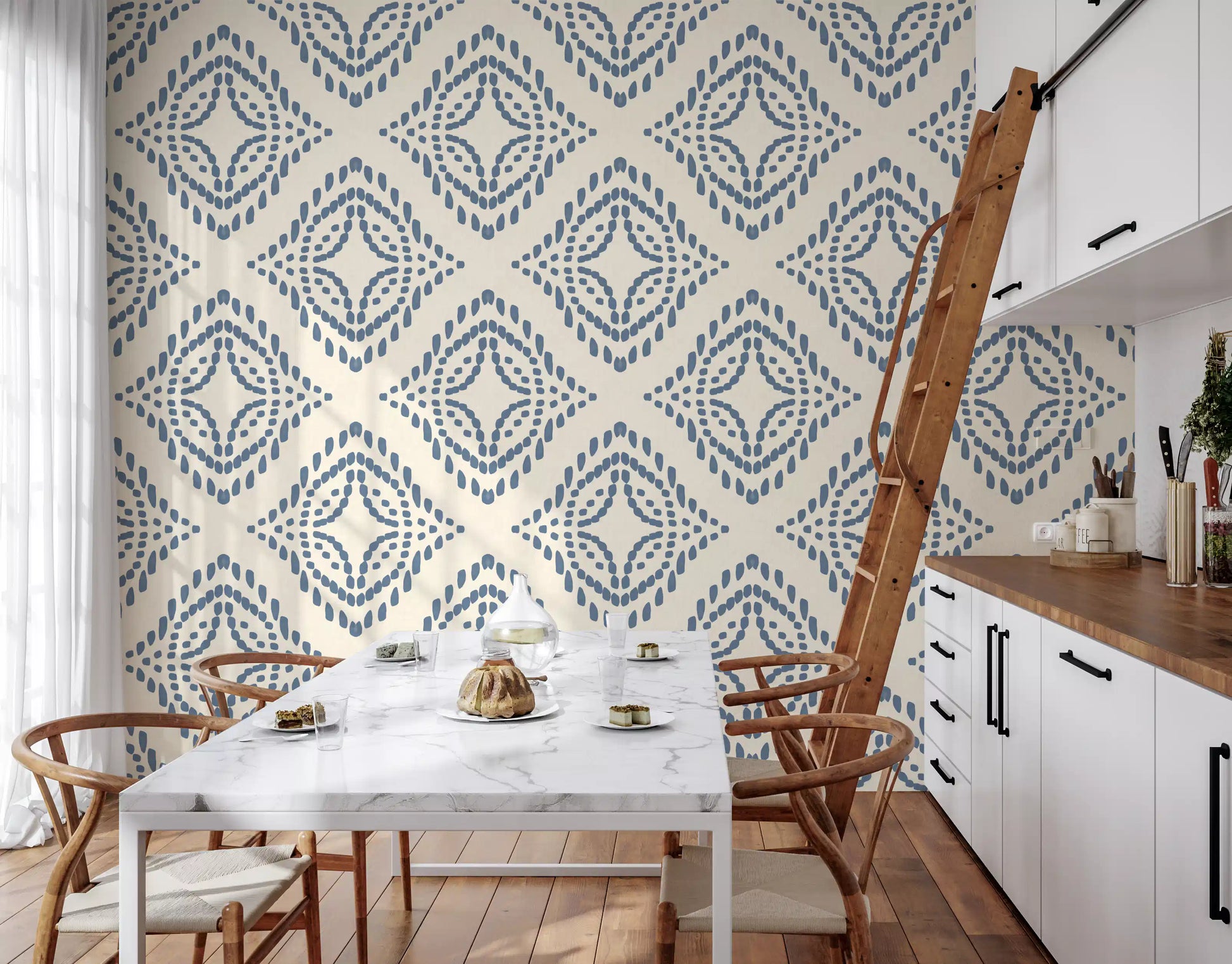 Tiny center motif sits at the heart of every diamond panel in this slate blue wallpaper., GD9678