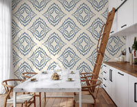 Tiny center motif sits at the heart of every diamond panel in this slate blue wallpaper., GD9678