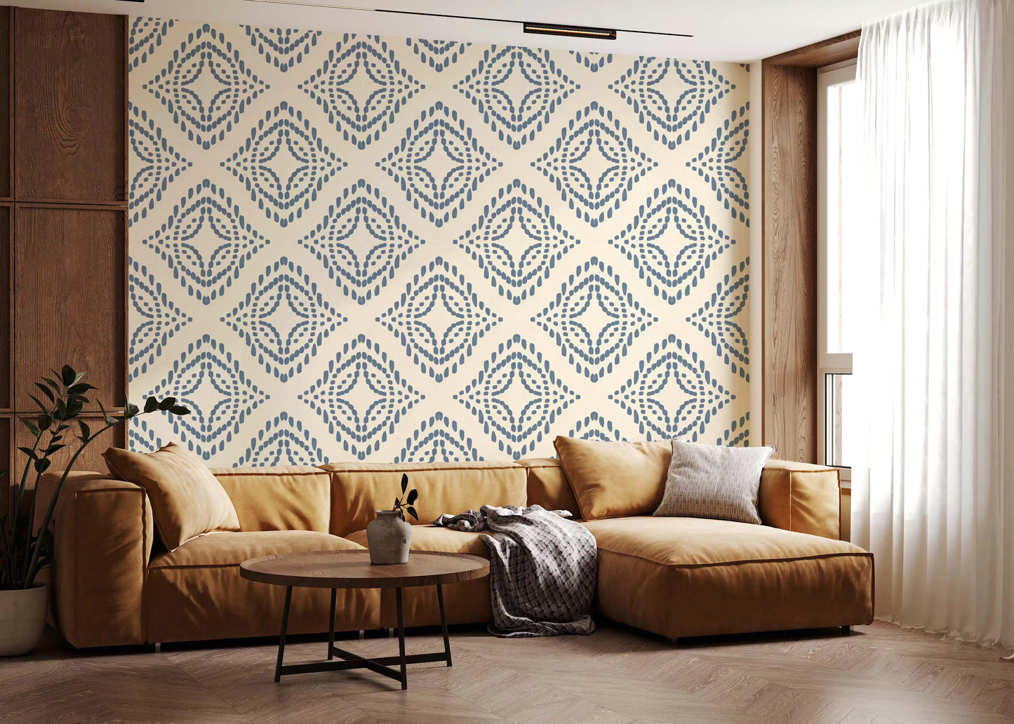 Stamped diamond marks calm a serene Living room with this textured boho wallpaper., GD9678