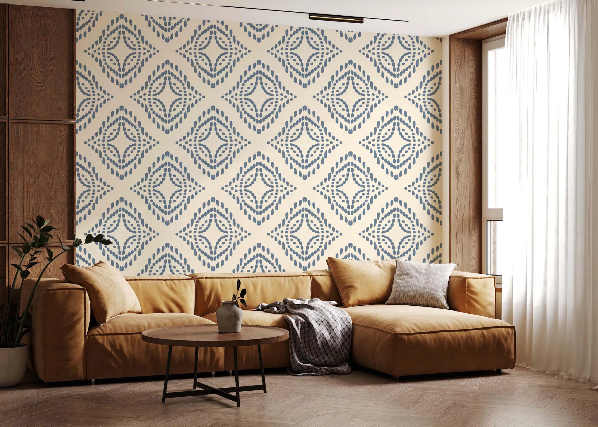 Stamped diamond marks calm a serene Living room with this textured boho wallpaper., GD9678