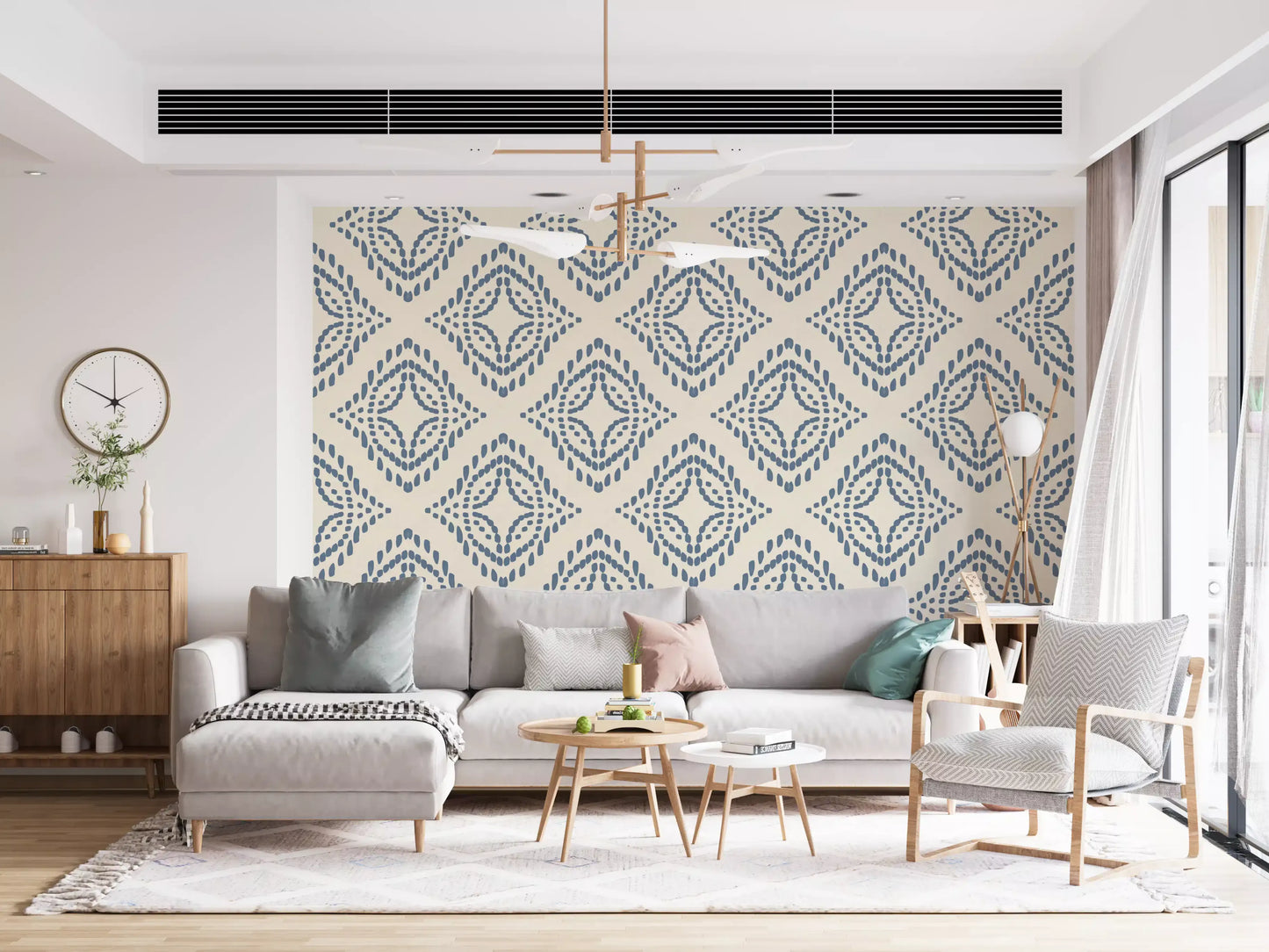 Cream background holds the slate blue diamond pattern in this boho wallpaper., GD9678