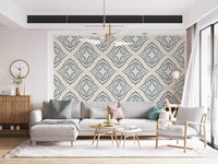 Cream background holds the slate blue diamond pattern in this boho wallpaper., GD9678