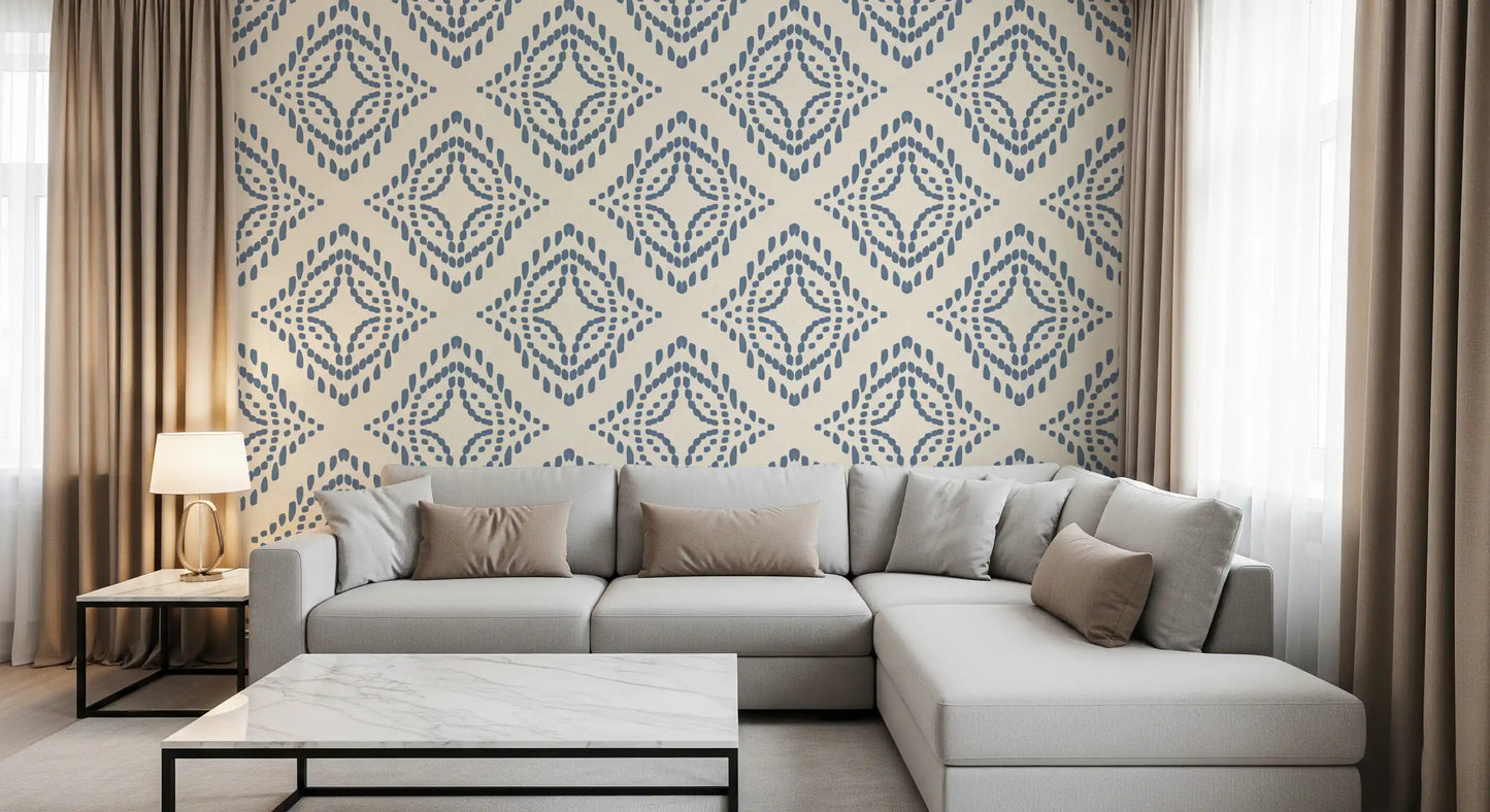 Concentric diamond outlines build slate blue ornaments across this block style wallpaper., GD9678