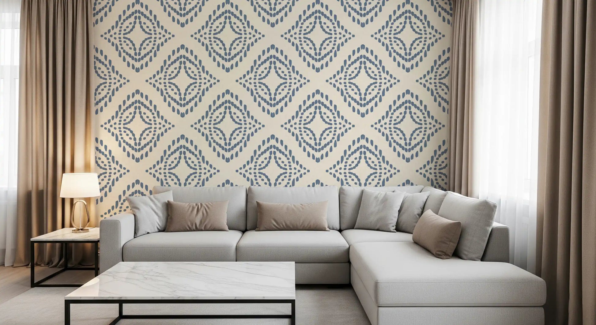 Concentric diamond outlines build slate blue ornaments across this block style wallpaper., GD9678