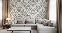 Concentric diamond outlines build slate blue ornaments across this block style wallpaper., GD9678