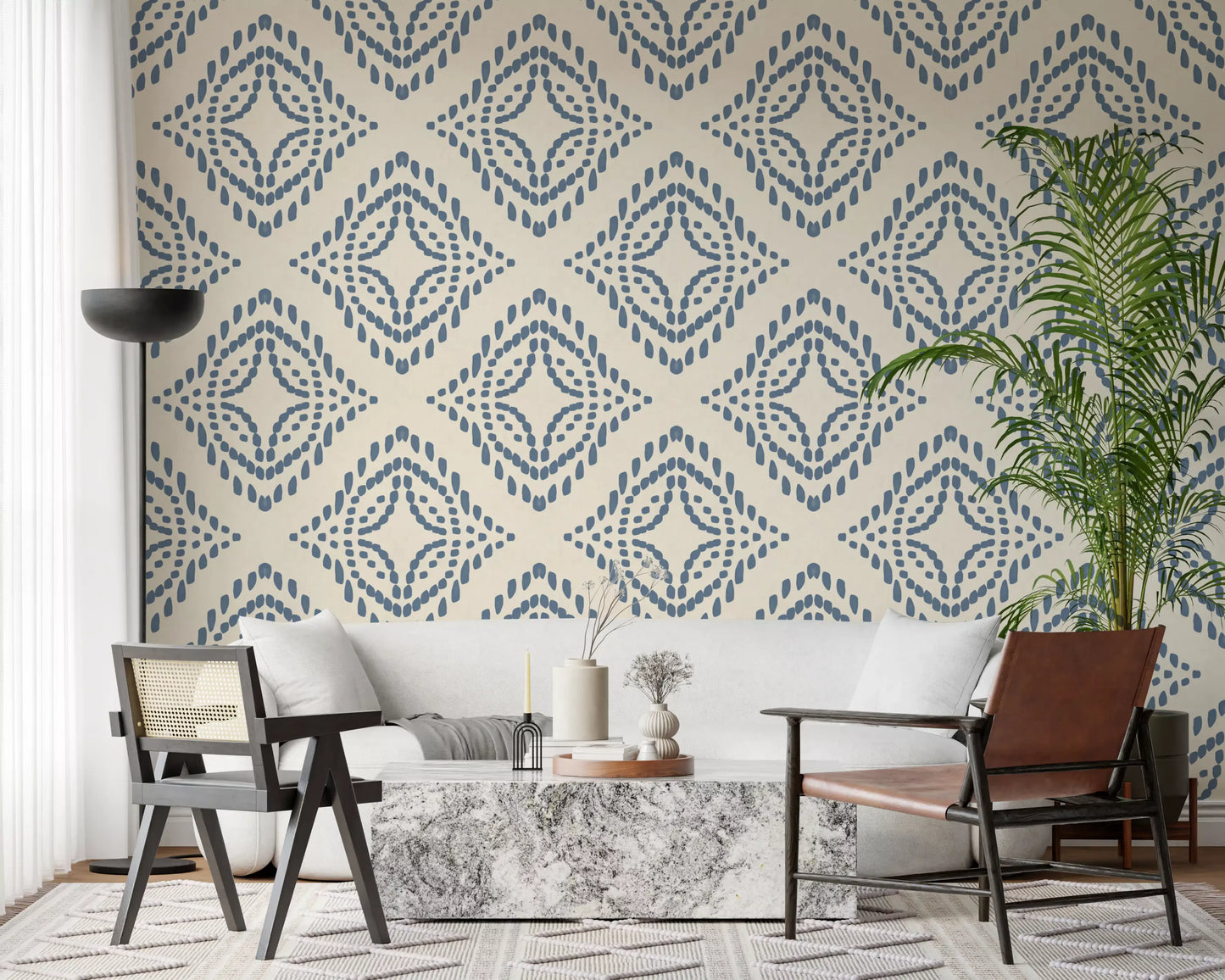 Slate blue dot marks form irregular oval shapes across this textile-look wallpaper., GD9678