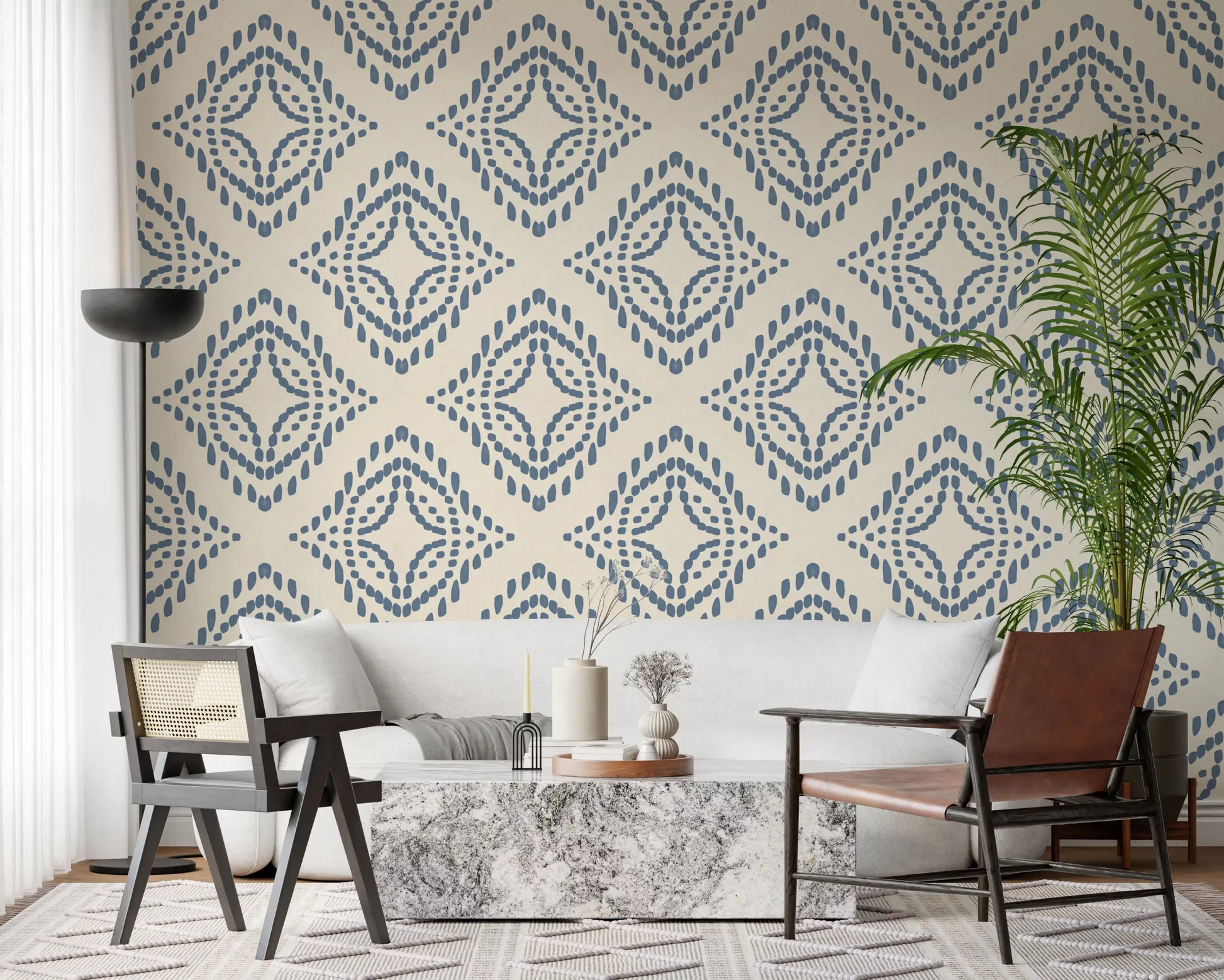 Slate blue dot marks form irregular oval shapes across this textile-look wallpaper., GD9678