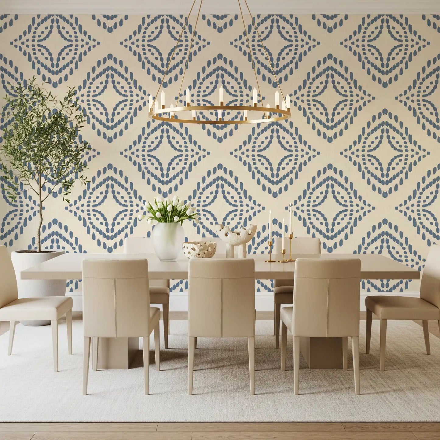 A boho dining room takes on textured charm against this slate blue ornament wallpaper., GD9678