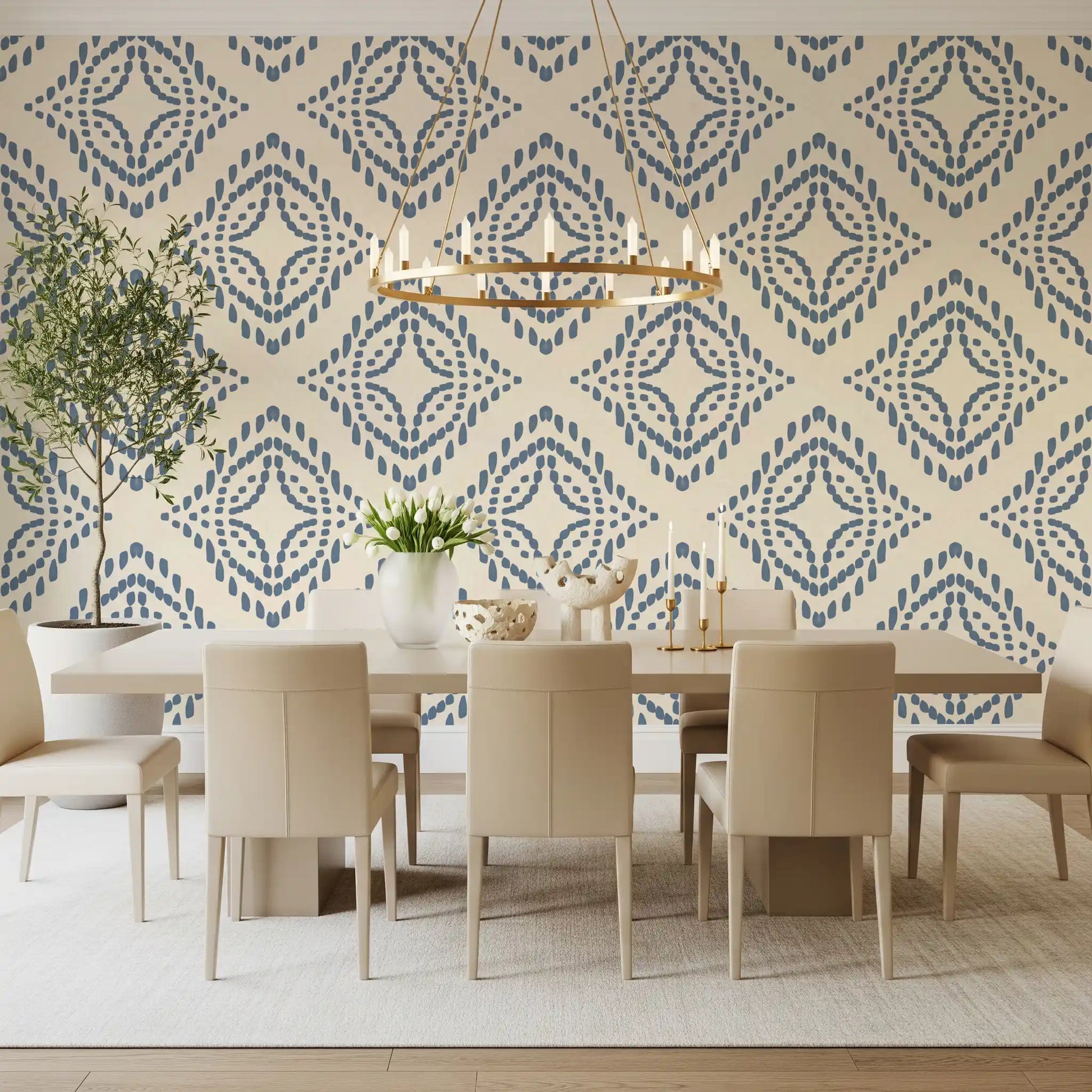 A boho dining room takes on textured charm against this slate blue ornament wallpaper., GD9678