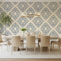 A boho dining room takes on textured charm against this slate blue ornament wallpaper., GD9678