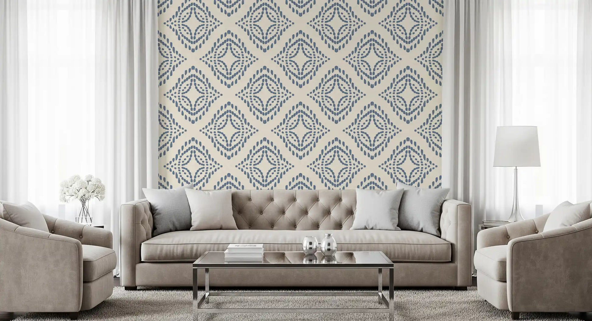 Boho diamond ornaments brighten a sitting room with this slate blue dot wallpaper., GD9678