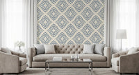 Boho diamond ornaments brighten a sitting room with this slate blue dot wallpaper., GD9678