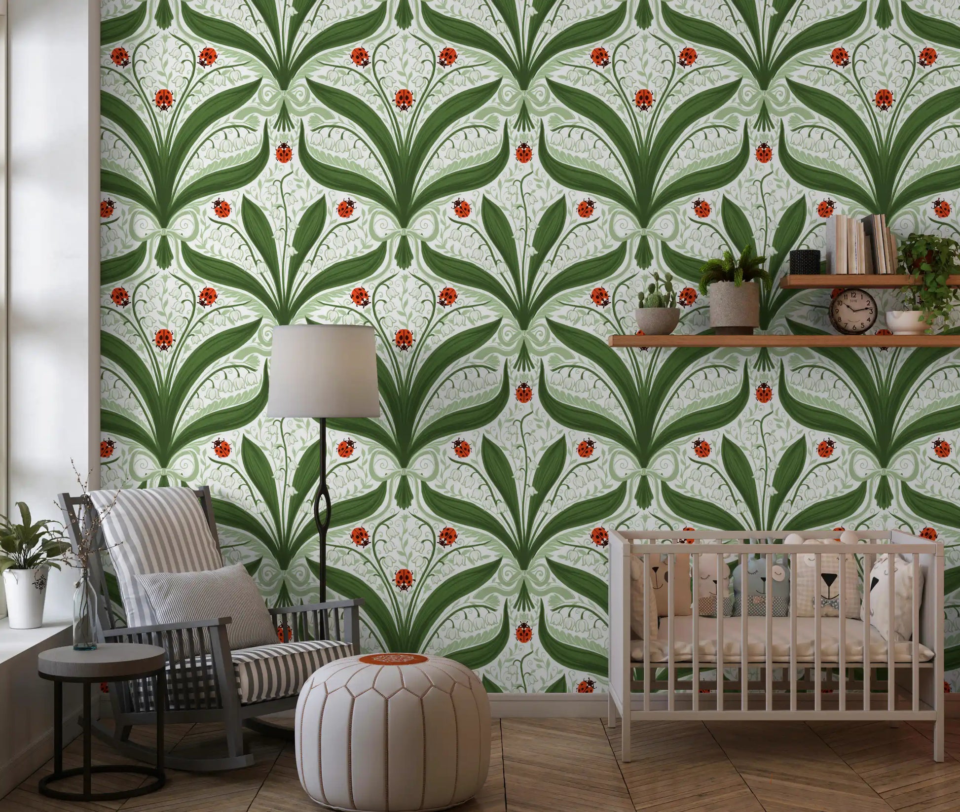 White lily of the valley flowers cascade between green leaves on this clean wallpaper., GD9679