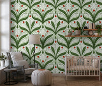 White lily of the valley flowers cascade between green leaves on this clean wallpaper., GD9679