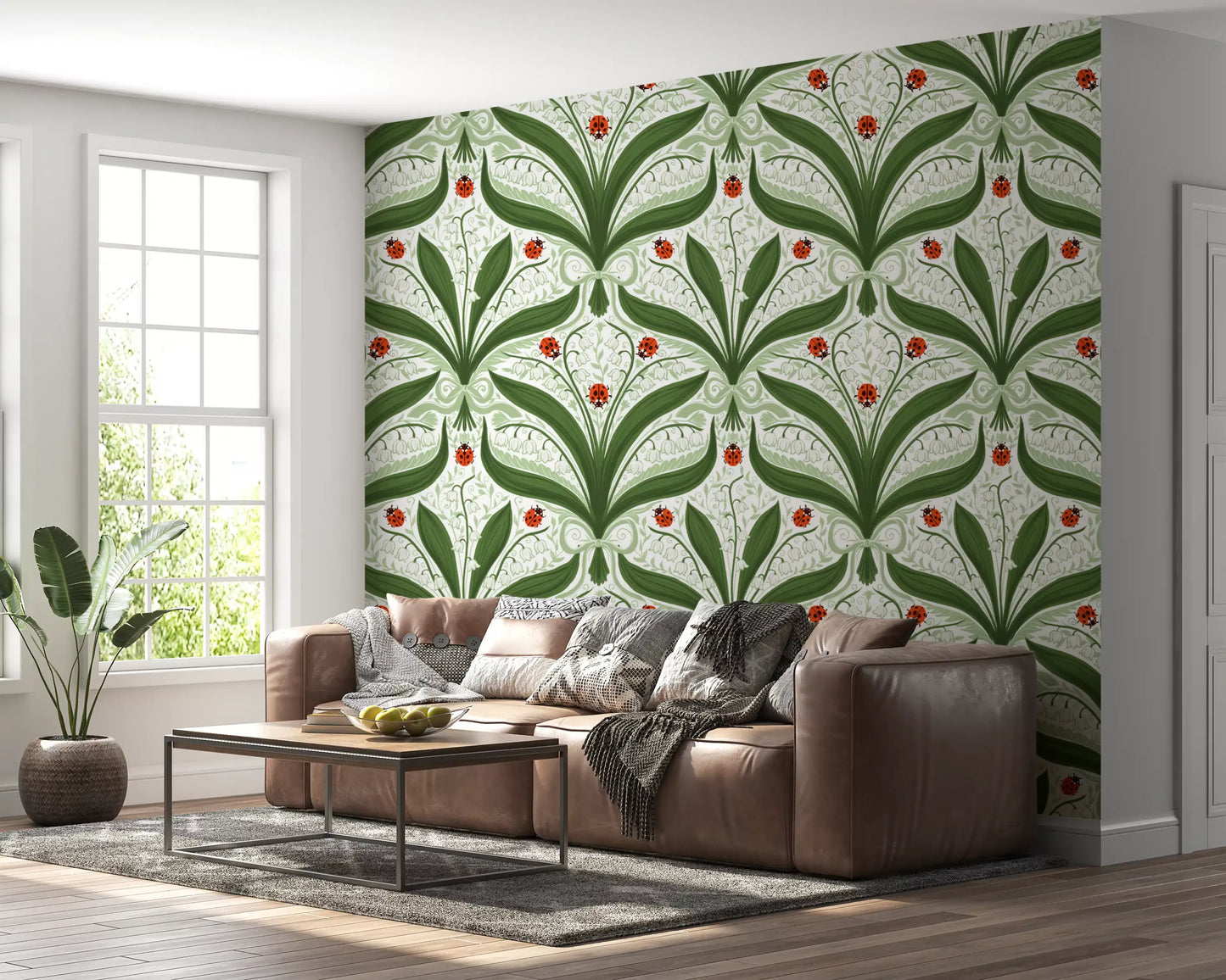 A formal Living room comes alive against this white and green ladybug wallpaper., GD9679
