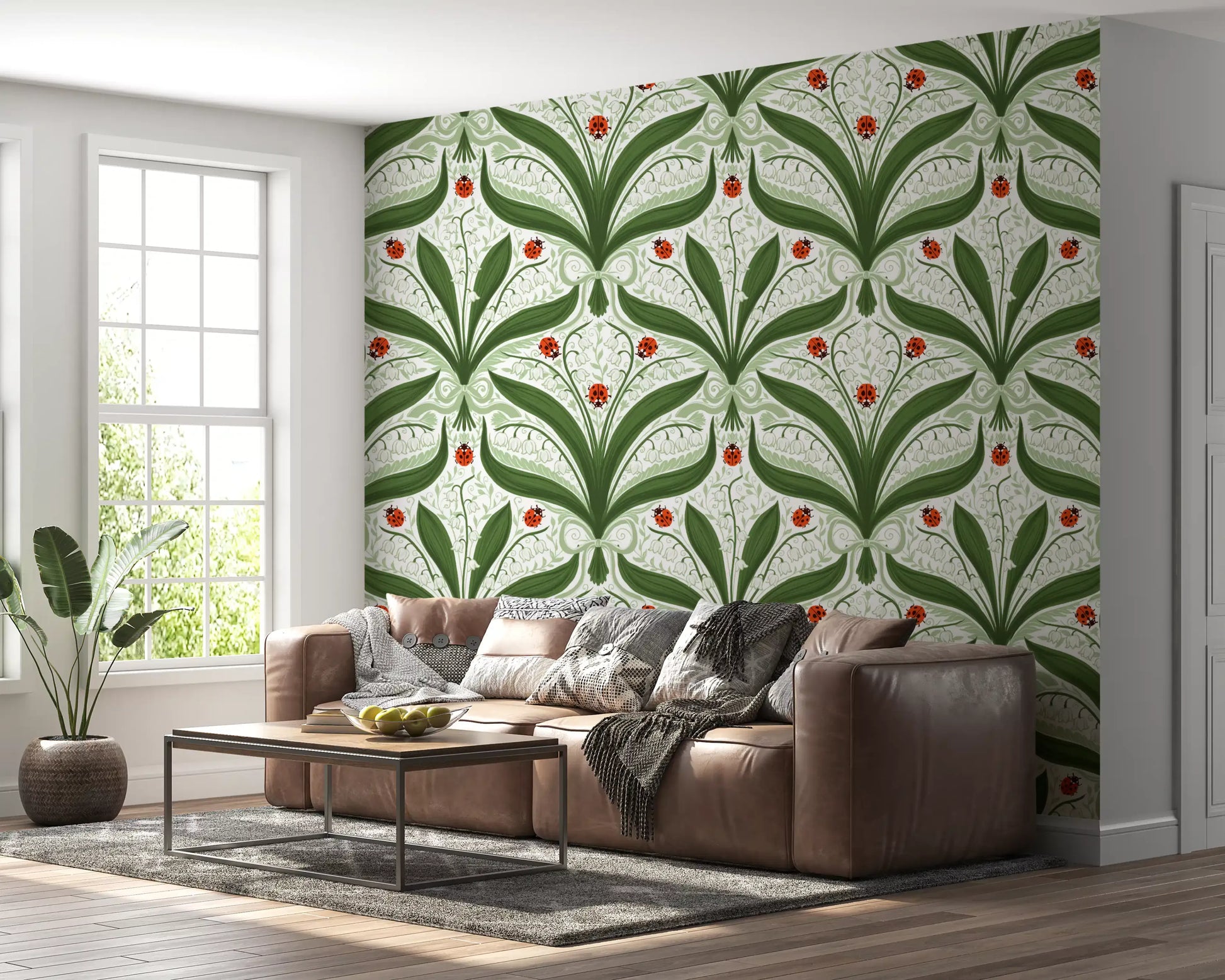 A formal Living room comes alive against this white and green ladybug wallpaper., GD9679
