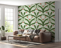 A formal Living room comes alive against this white and green ladybug wallpaper., GD9679