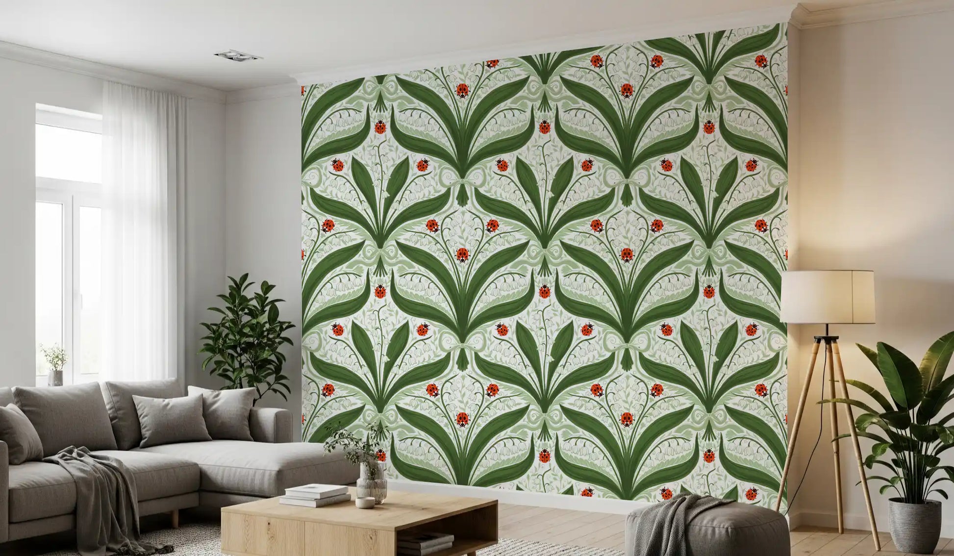 Symmetrical green leaves wrap a quiet lounge with this lily and ladybug wallpaper., GD9679