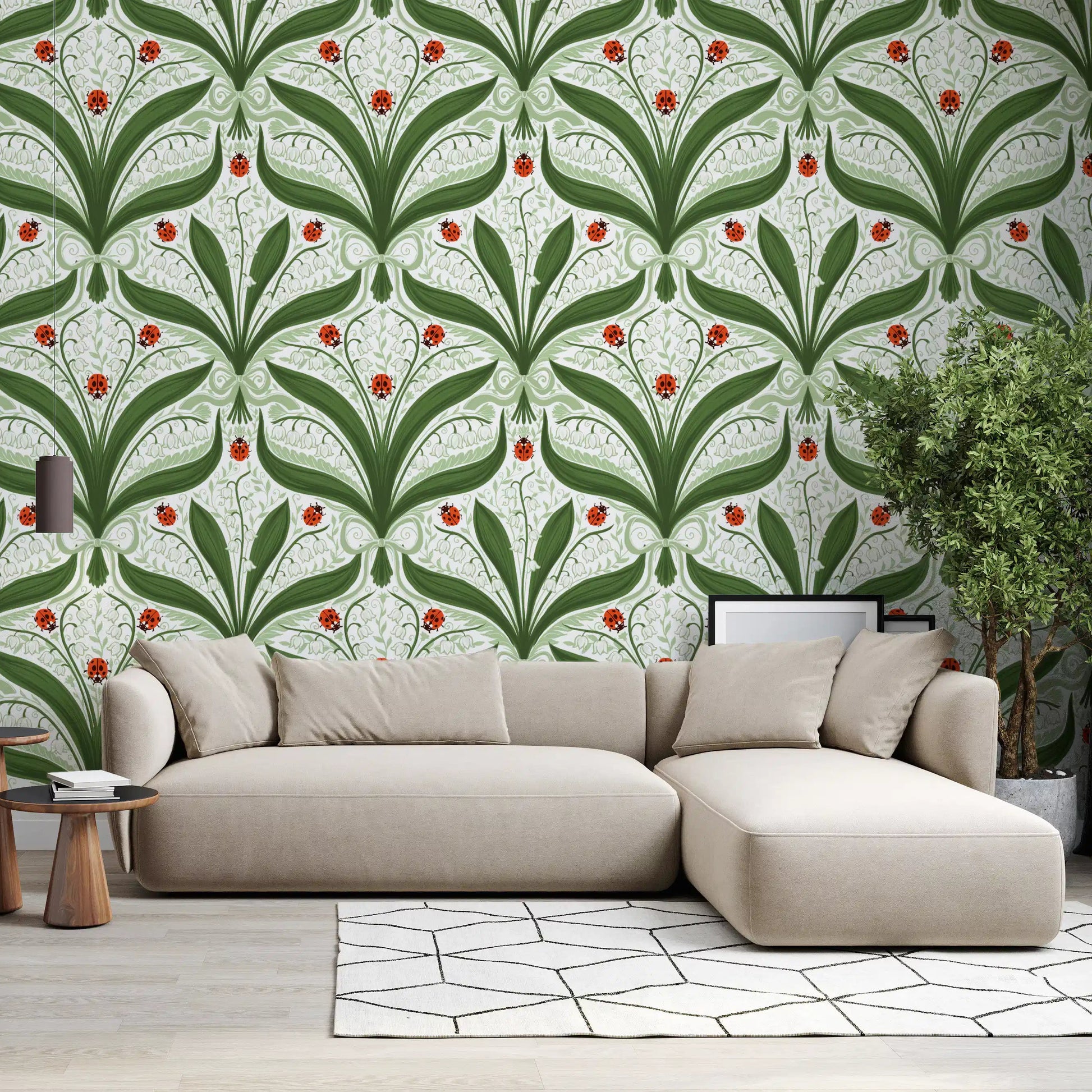 Cheerful red ladybugs and bell flowers brighten a den with this lily wallpaper backdrop., GD9679