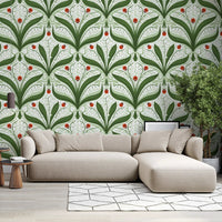 Cheerful red ladybugs and bell flowers brighten a den with this lily wallpaper backdrop., GD9679