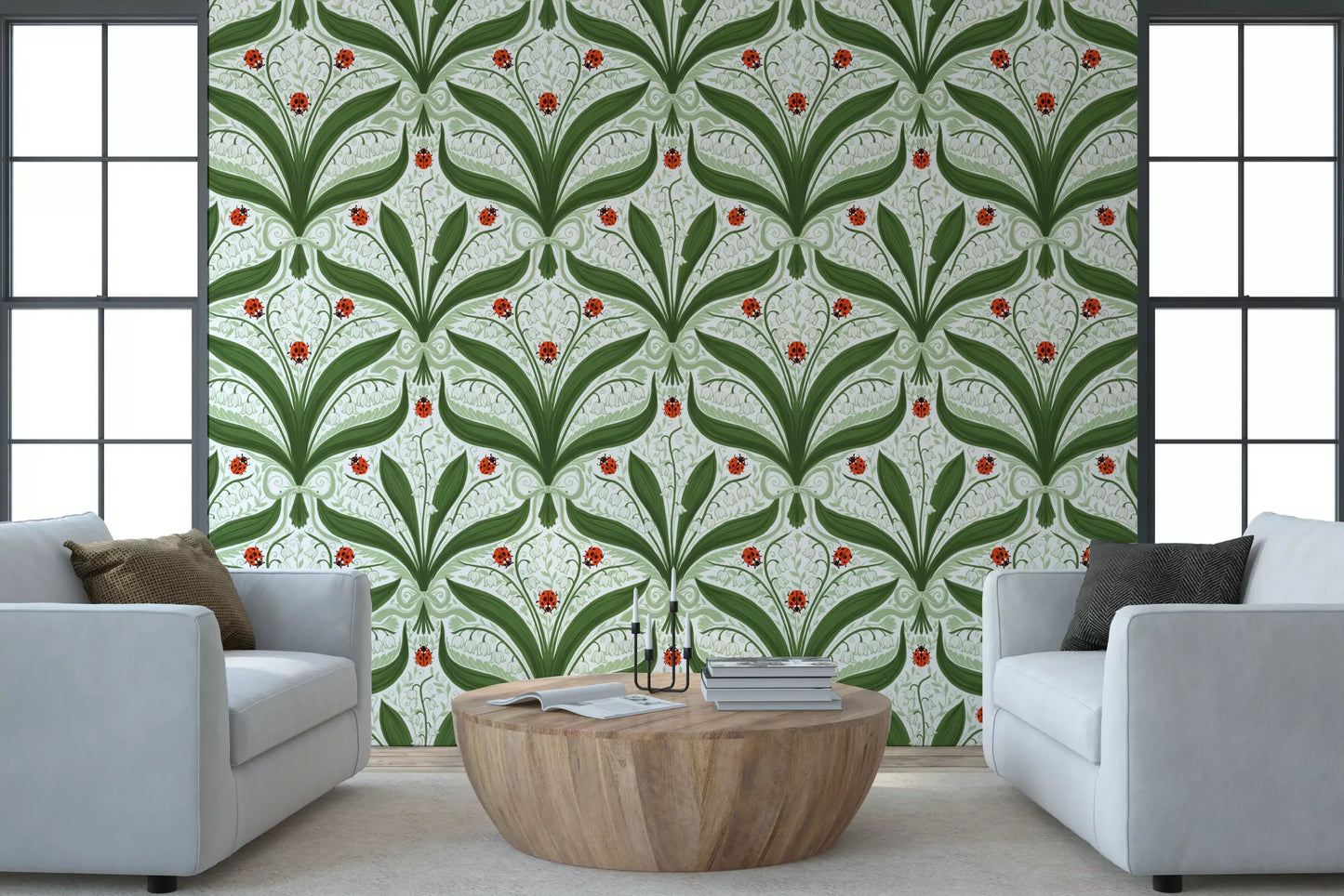 Big bold green leaves dominate the white background of this lily of the valley wallpaper., GD9679