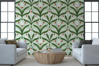 Big bold green leaves dominate the white background of this lily of the valley wallpaper., GD9679