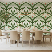 A pale green scrolling vine fills the white background of this lily and ladybug wallpaper., GD9679
