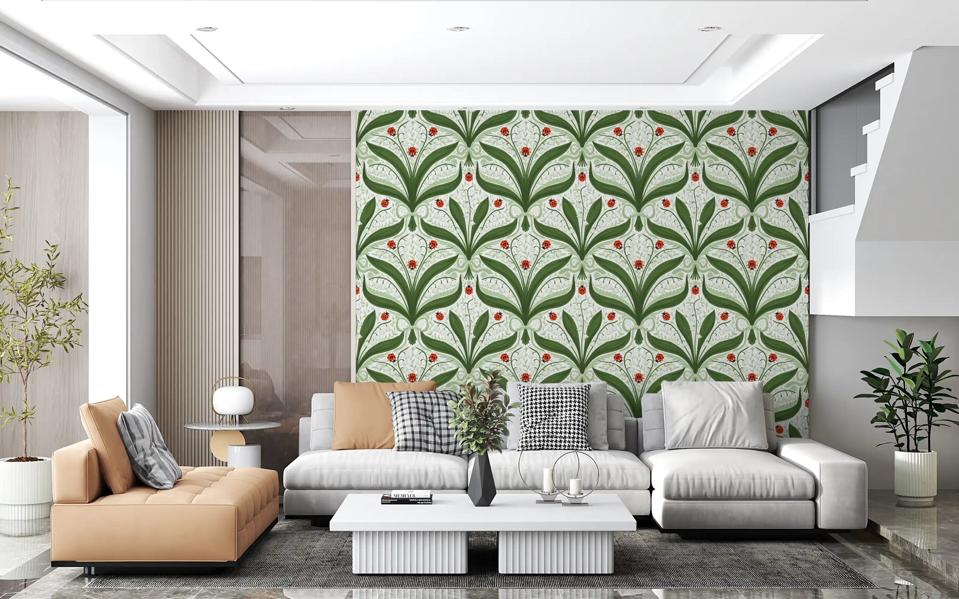 Red ladybugs anchor three points on every panel of this white botanical wallpaper., GD9679