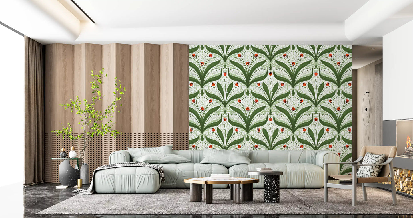 A white and green family room takes on garden charm from this botanical wallpaper., GD9679