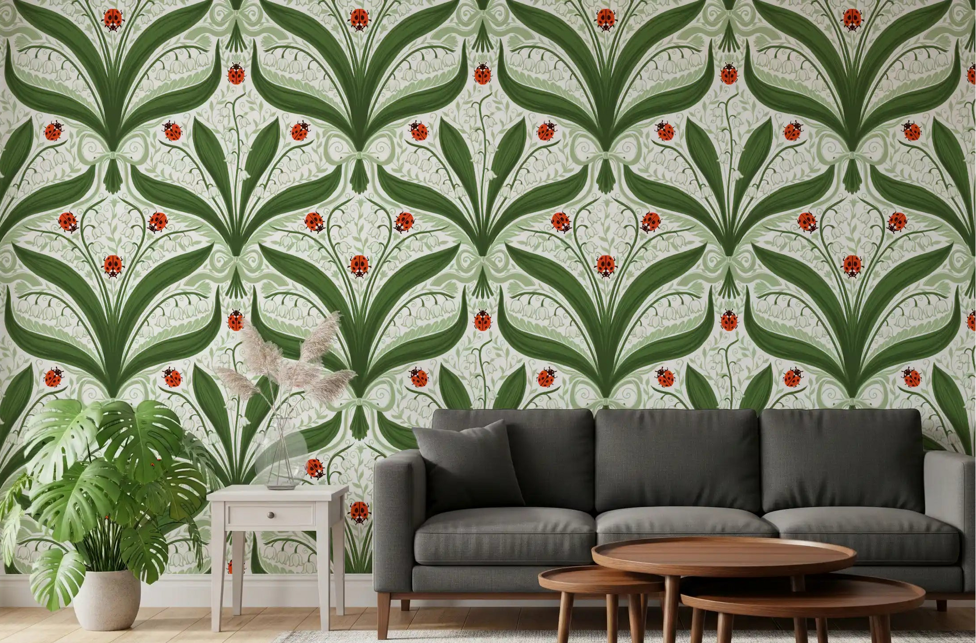 Big dark green leaves frame a modern living room across this lily of the valley wallpaper., GD9679