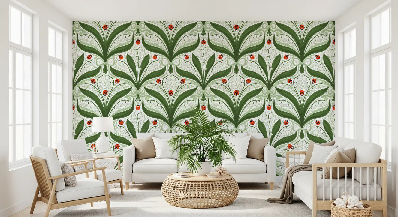Lily flowers and ladybugs fill a sitting room beside this white and green wallpaper.