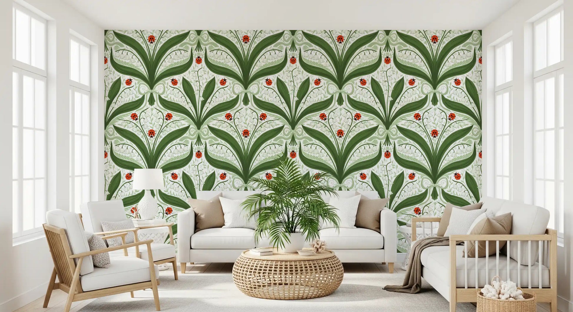 Lily flowers and ladybugs fill a sitting room beside this white and green wallpaper., GD9679