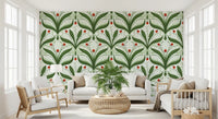 Lily flowers and ladybugs fill a sitting room beside this white and green wallpaper., GD9679