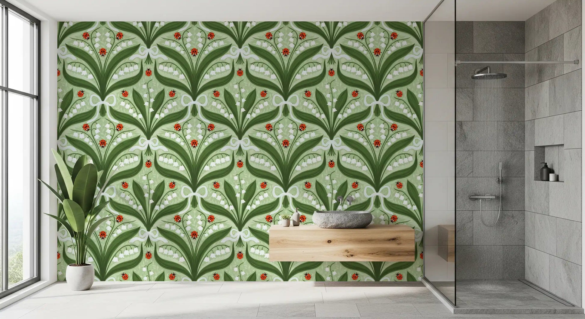 Big green leaves and red ladybugs brighten a bathroom with this botanical wallpaper.