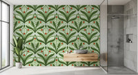 Big green leaves and red ladybugs brighten a bathroom with this botanical wallpaper.