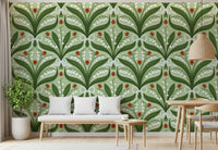 Lily flowers and ladybugs animate a dining room across this sage green wallpaper.