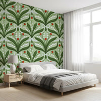 Cheerful symmetry wraps a calm bedroom in this sage green and red ladybug wallpaper.
