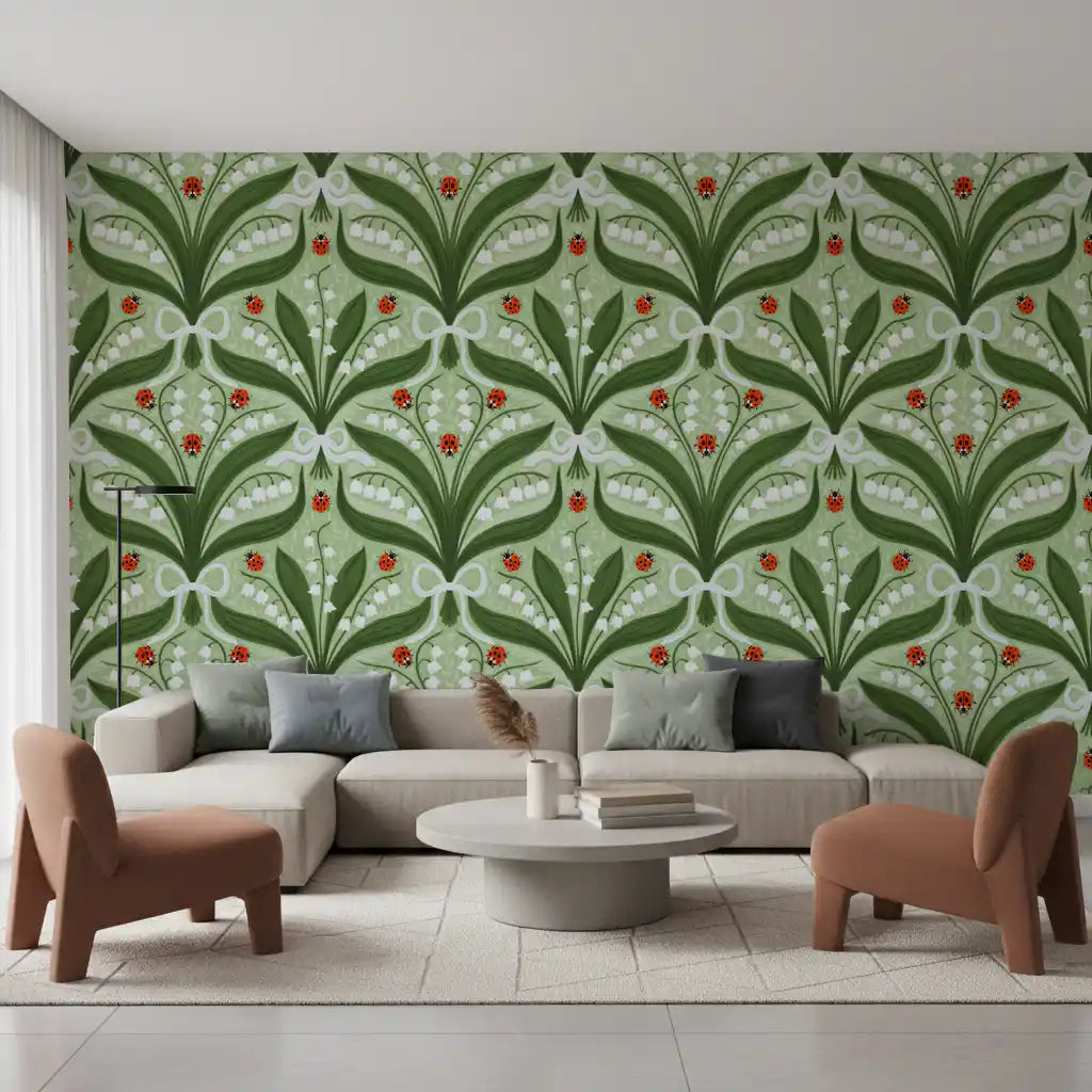 Pale green vine work fills the empty spaces between bouquets of this lily wallpaper.