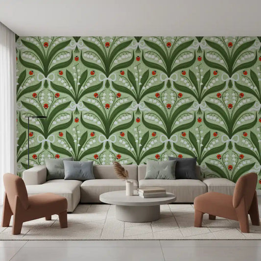 Pale green vine work fills the empty spaces between bouquets of this lily wallpaper., GD9680