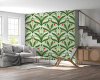 Three red ladybugs sit at the heart of every panel of this lily of the valley wallpaper.