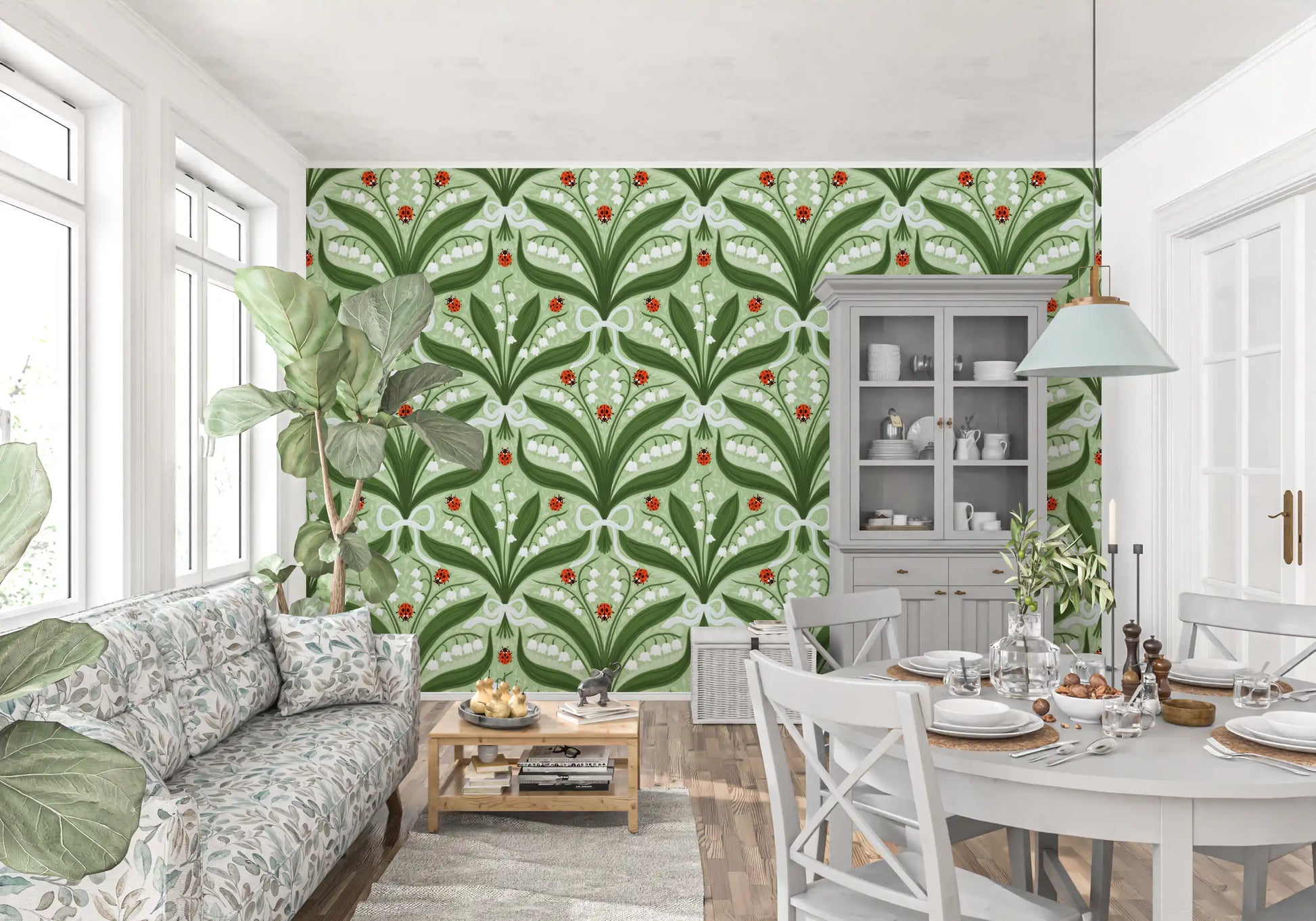Mirrored bouquets bring a relaxed Dining area this lily and ladybug wallpaper.