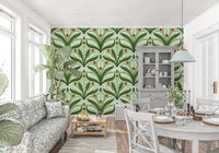 Mirrored bouquets bring a relaxed Dining area this lily and ladybug wallpaper.