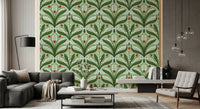 White bell flowers cascade from each leaf stem in this sage green botanical wallpaper.