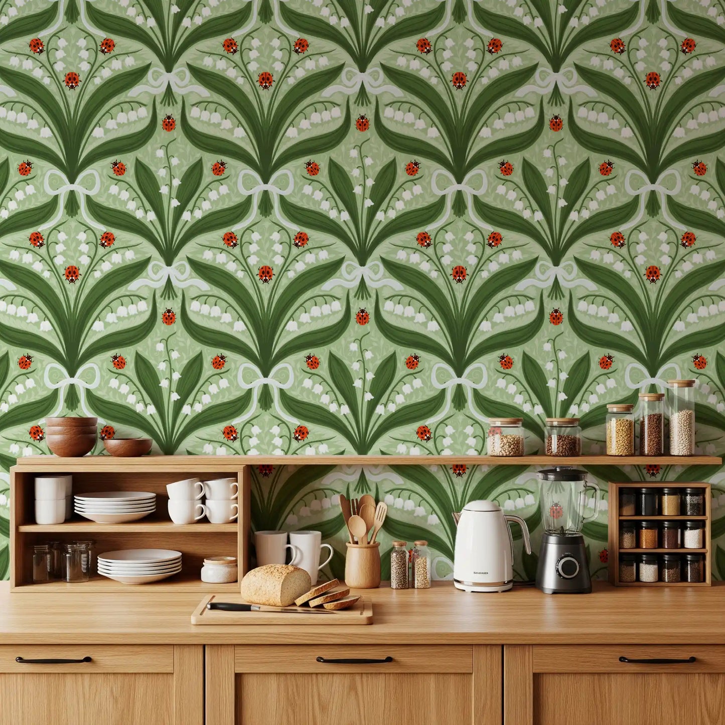 A country kitchen feels grounded against this sage green lily of the valley wallpaper.